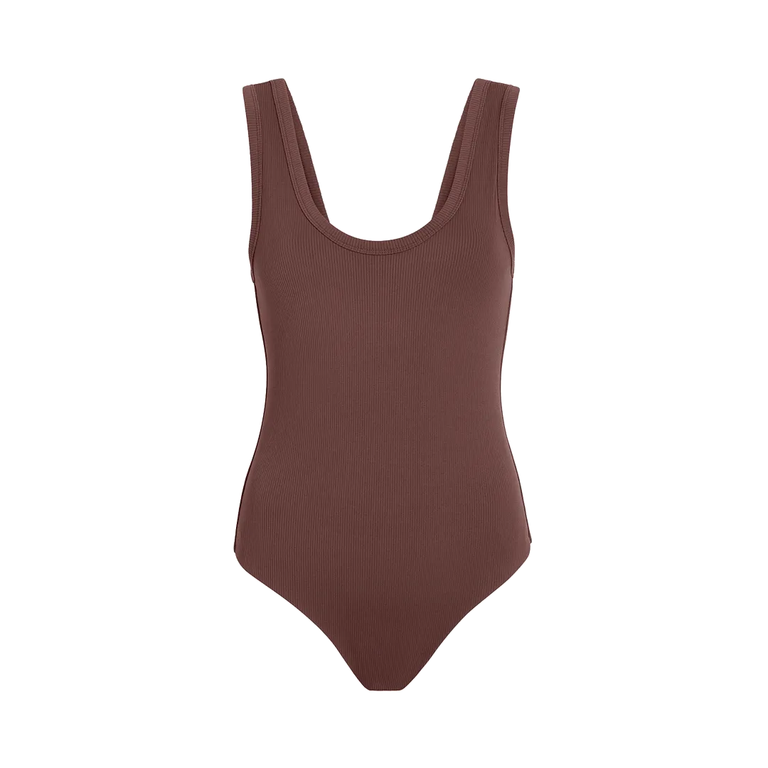 Ribbed Scoop Tank Bodysuit | Coffee