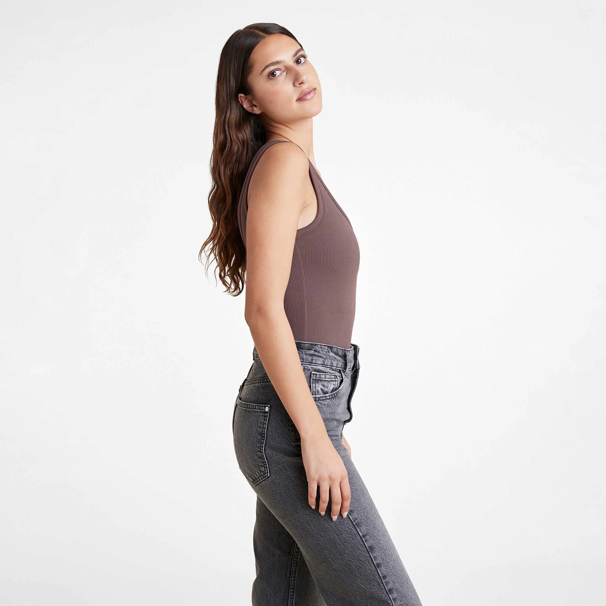 Ribbed Scoop Tank Bodysuit | Coffee