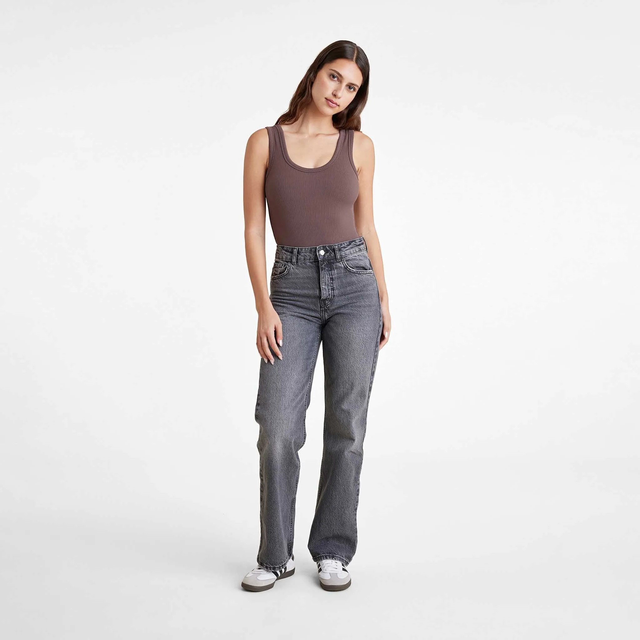 Ribbed Scoop Tank Bodysuit | Coffee