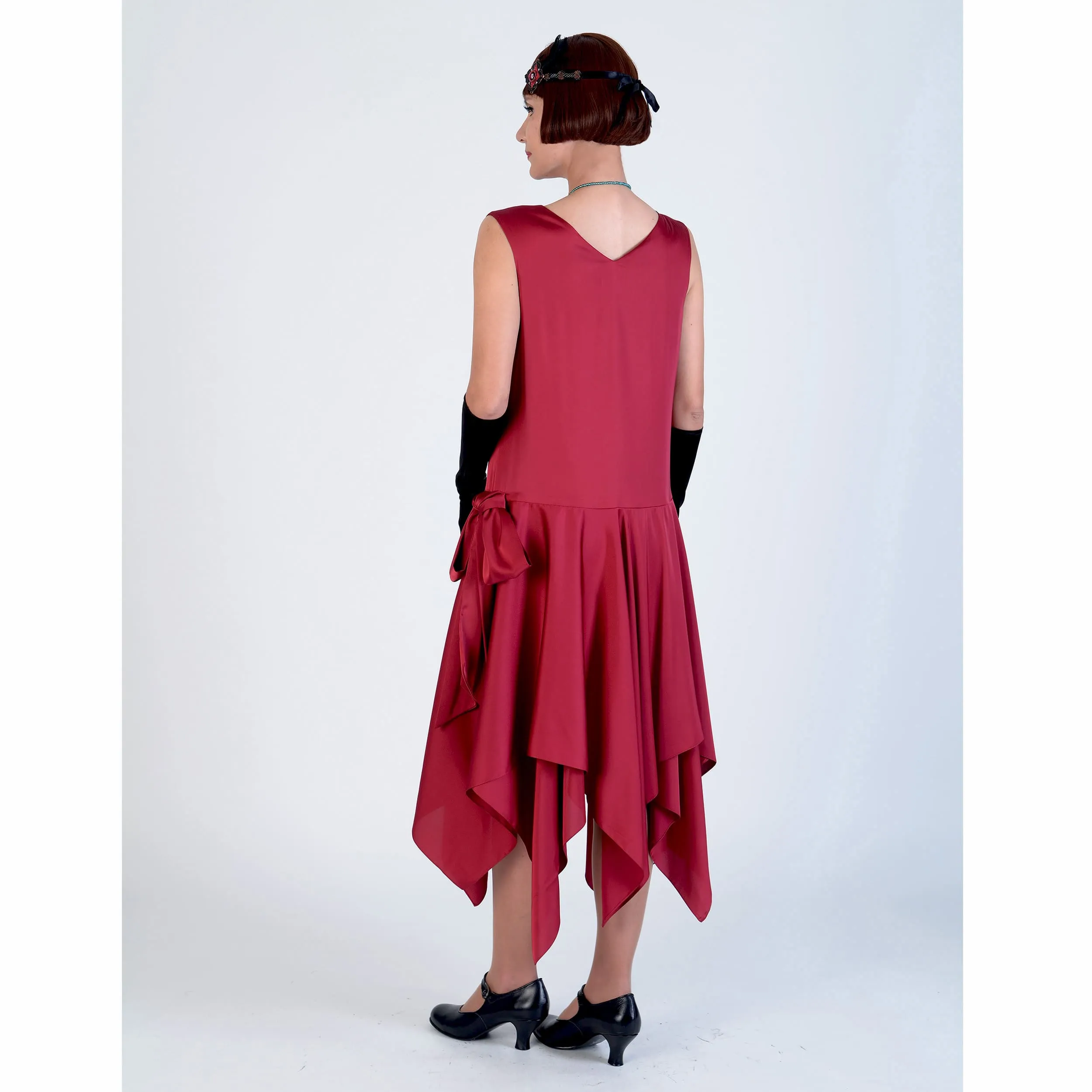 Roaring 20s satin dress in dark red with handkerchief skirt