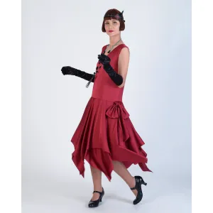 Roaring 20s satin dress in dark red with handkerchief skirt