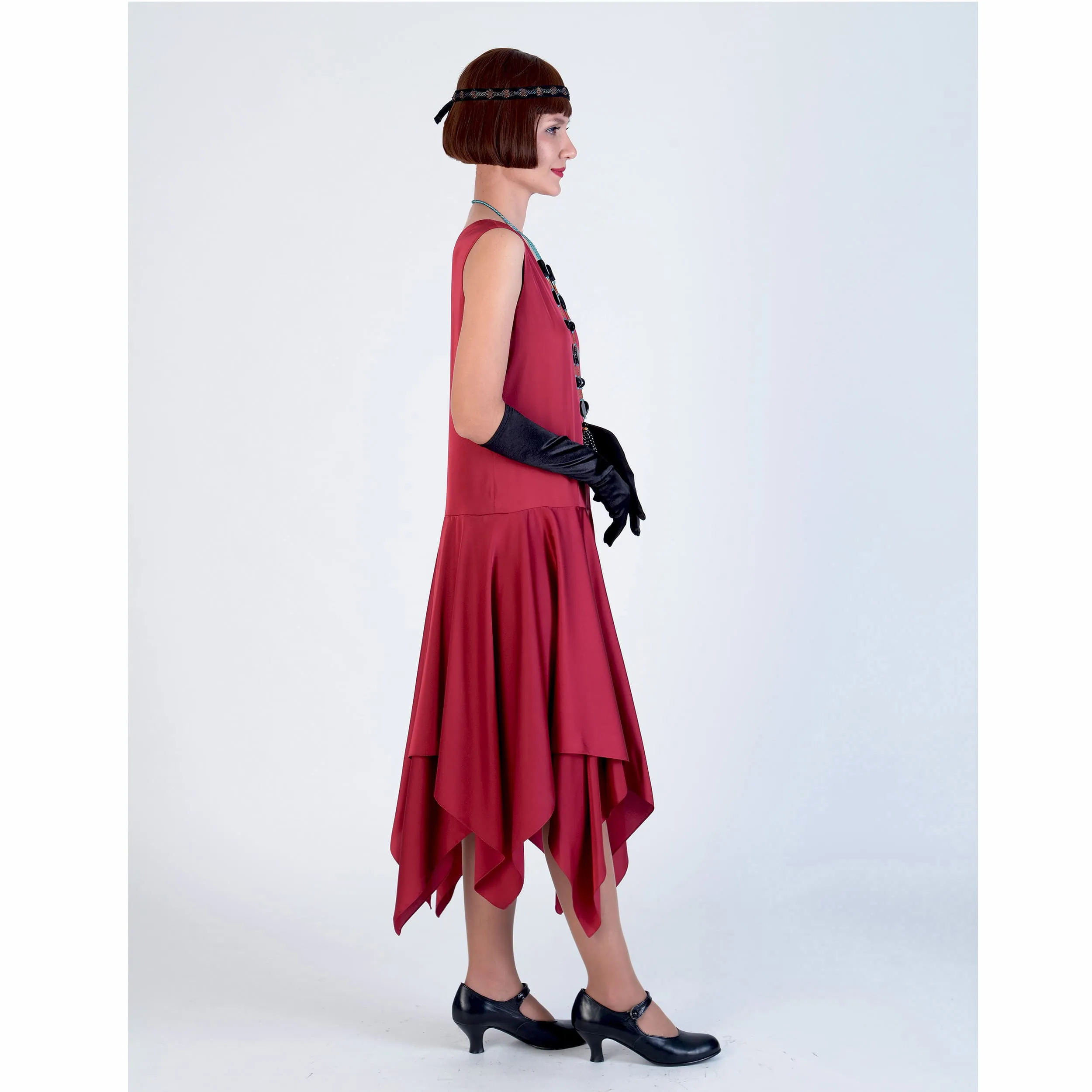 Roaring 20s satin dress in dark red with handkerchief skirt
