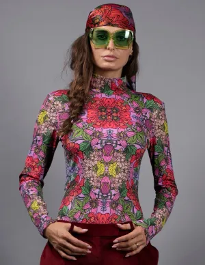 Roll Neck Red Garden Turtleneck Long Sleeves Bodysuit