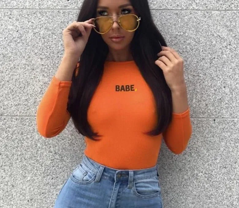 Round neck Long Sleeve Bodysuit with 'Babe' print