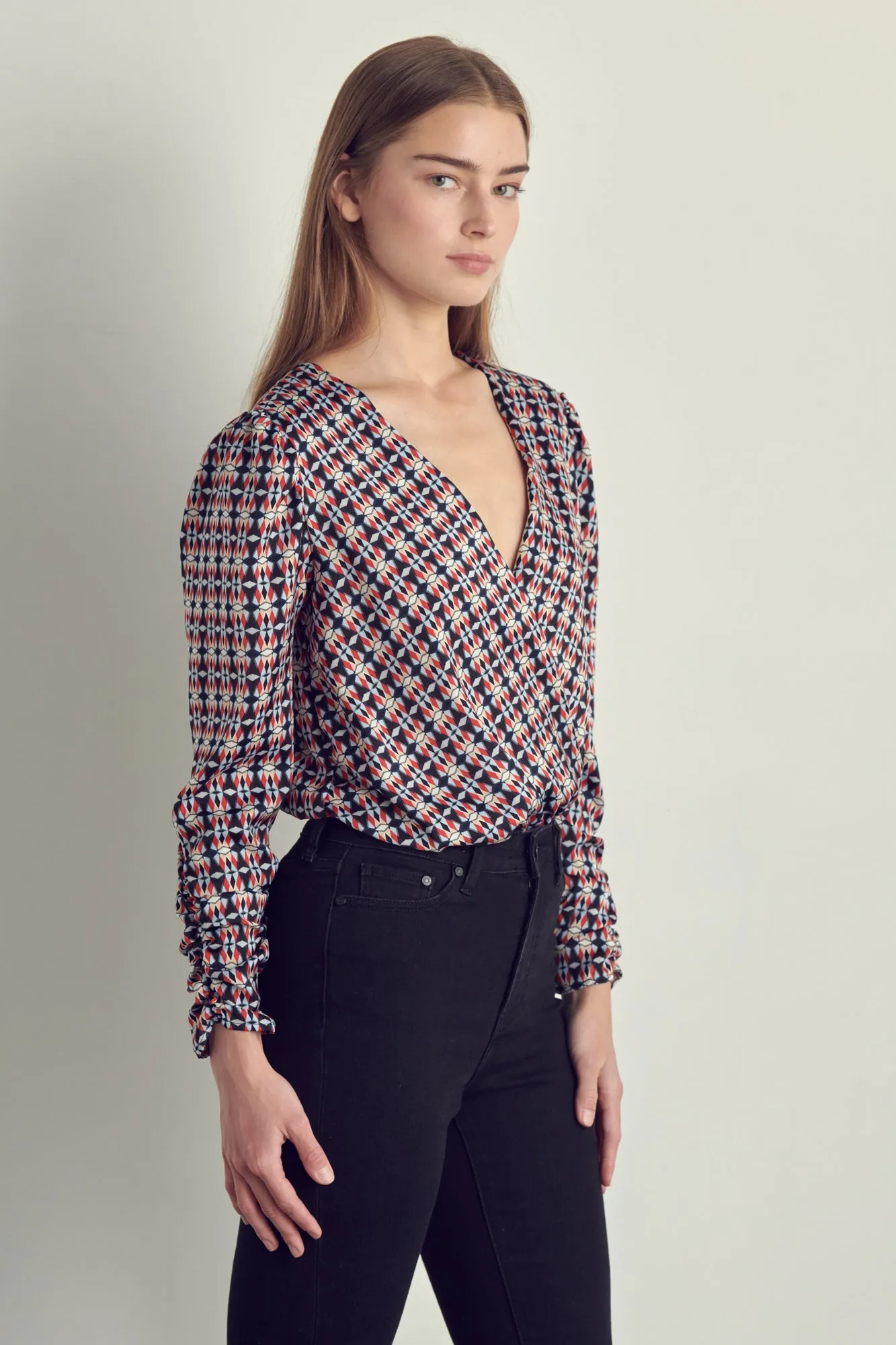 Ruched Long Sleeve Surplice Bodysuit