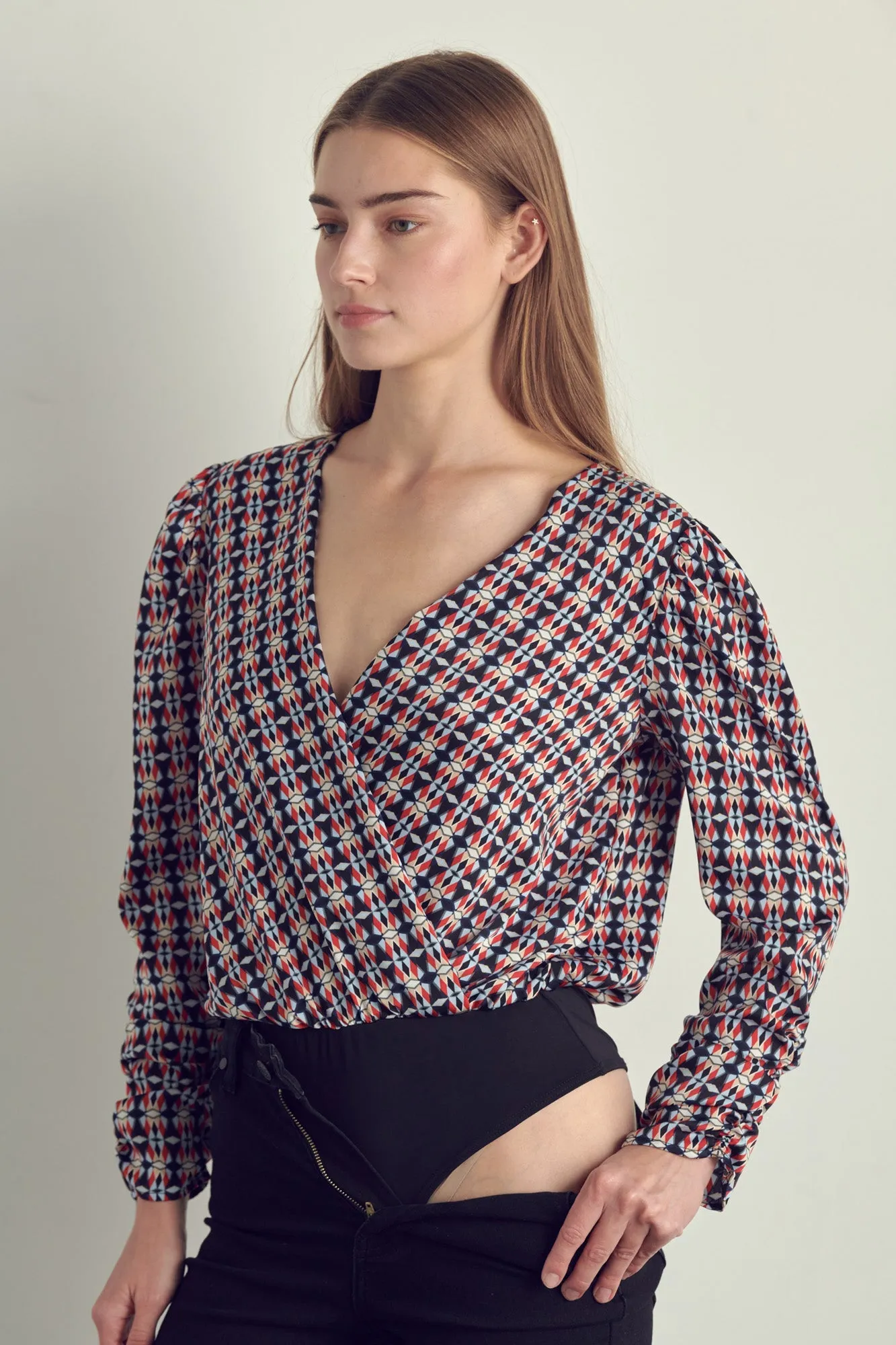 Ruched Long Sleeve Surplice Bodysuit