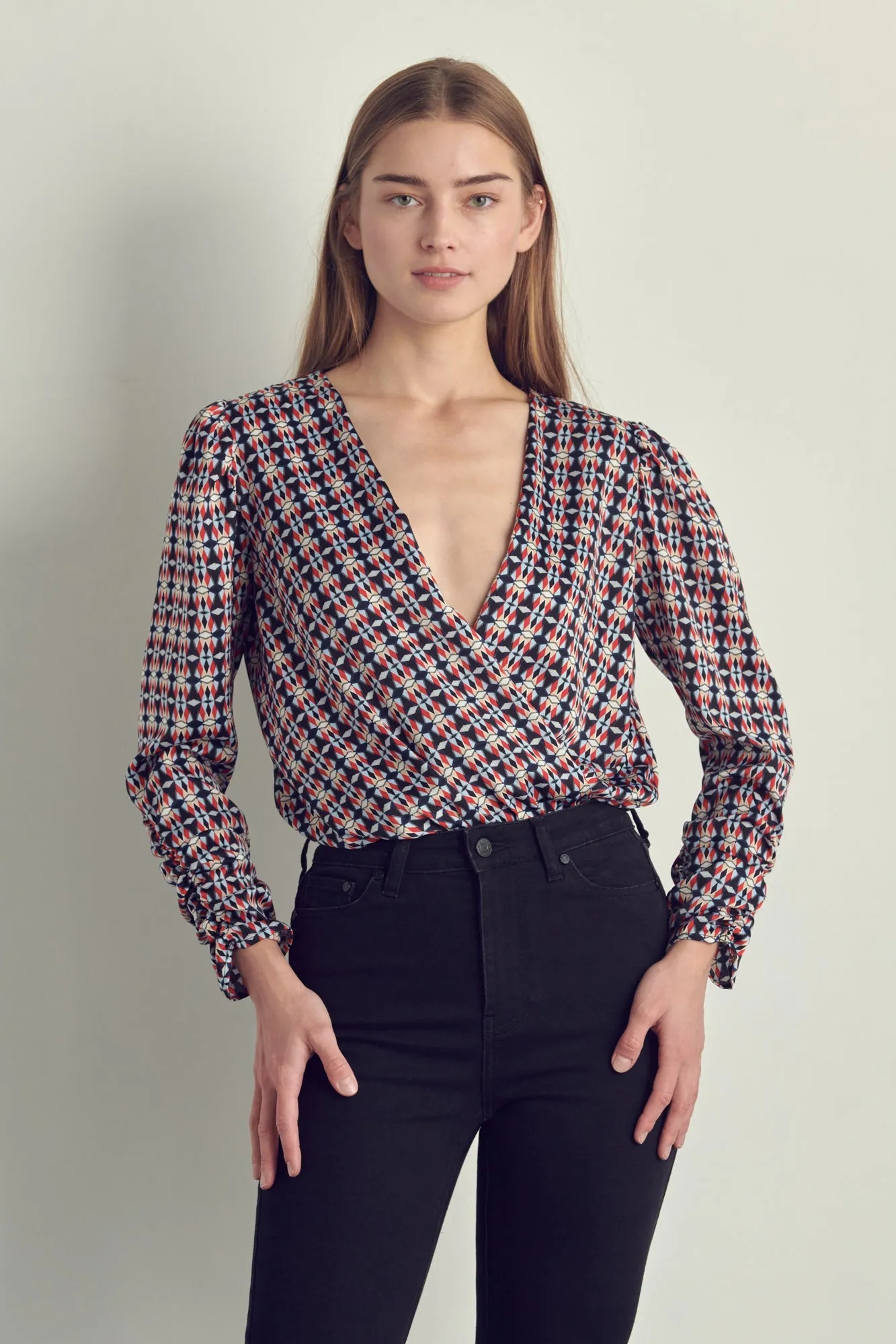 Ruched Long Sleeve Surplice Bodysuit