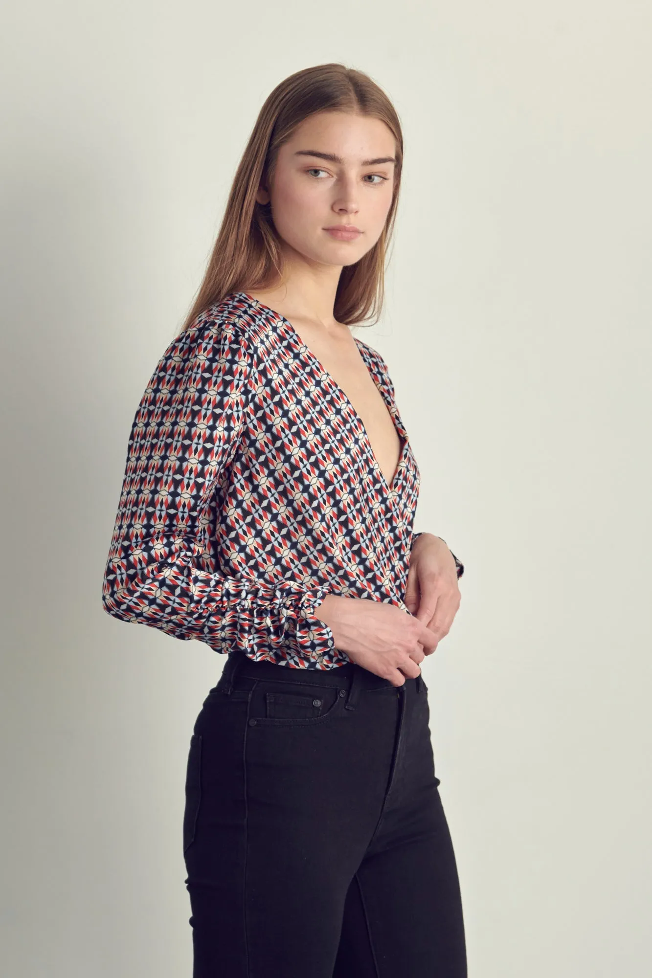 Ruched Long Sleeve Surplice Bodysuit