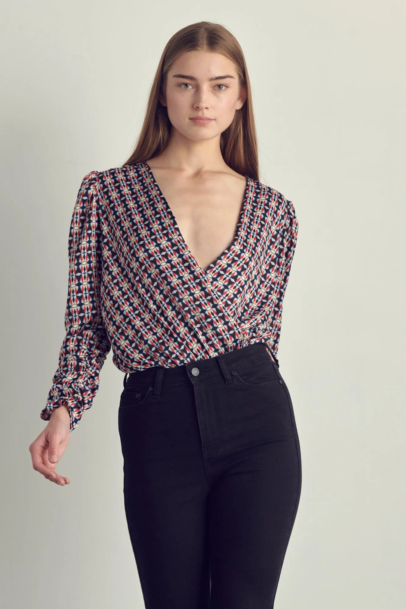 Ruched Long Sleeve Surplice Bodysuit