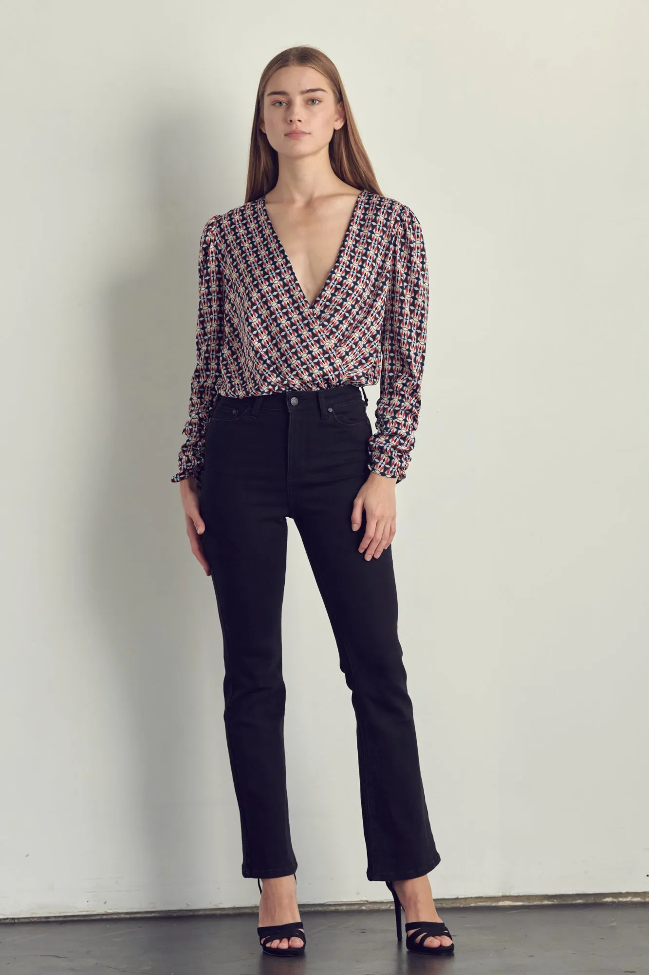 Ruched Long Sleeve Surplice Bodysuit