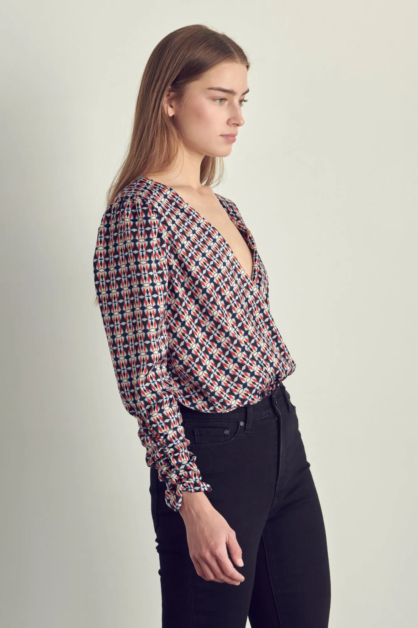 Ruched Long Sleeve Surplice Bodysuit