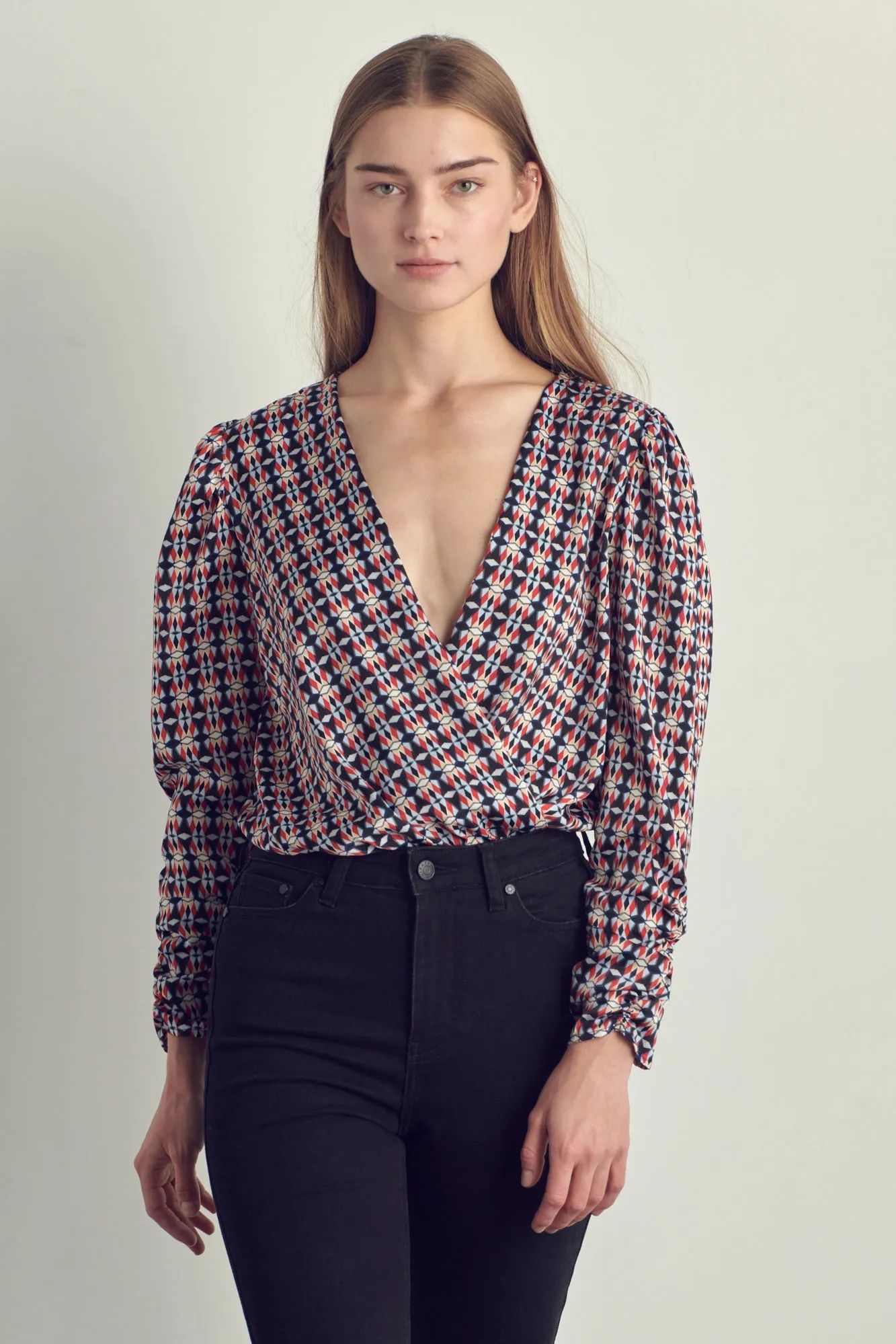 Ruched Long Sleeve Surplice Bodysuit