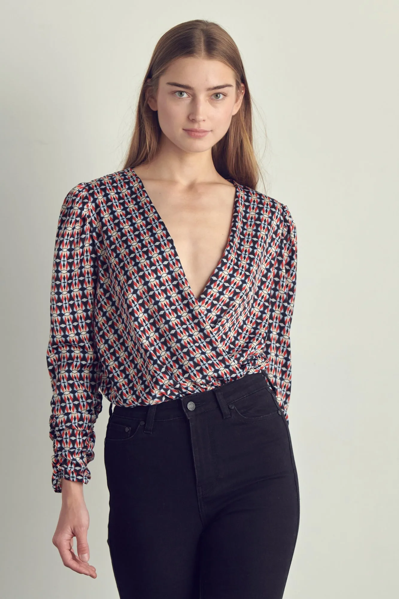 Ruched Long Sleeve Surplice Bodysuit