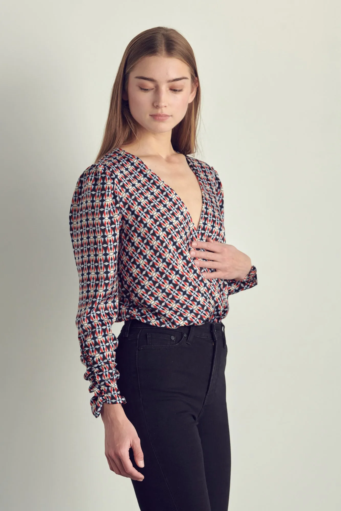 Ruched Long Sleeve Surplice Bodysuit