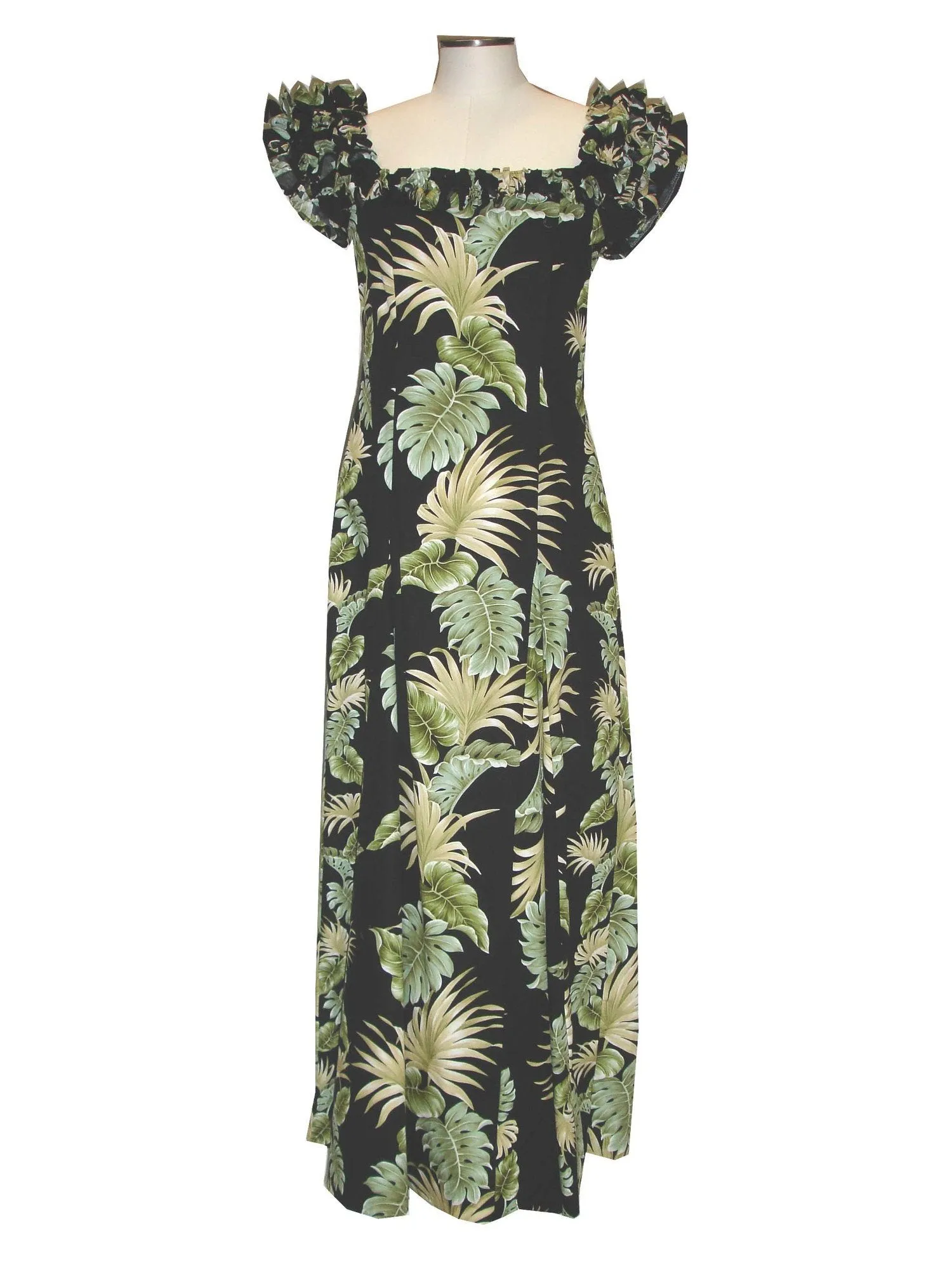 Ruffle Long Muumuu Dress Leaf Pattern Elegant Hawaiian Wedding Style