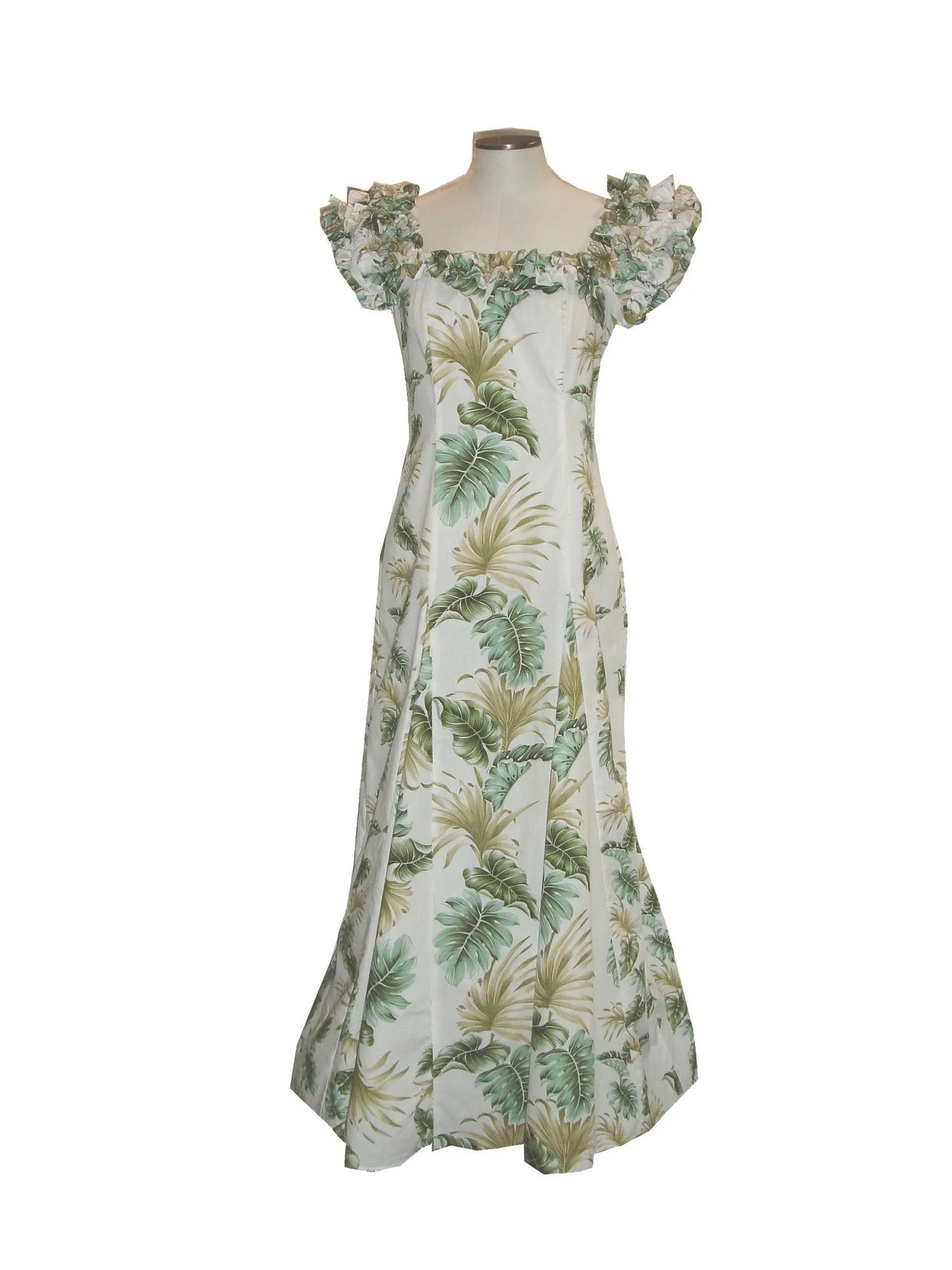 Ruffle Long Muumuu Dress Leaf Pattern Elegant Hawaiian Wedding Style