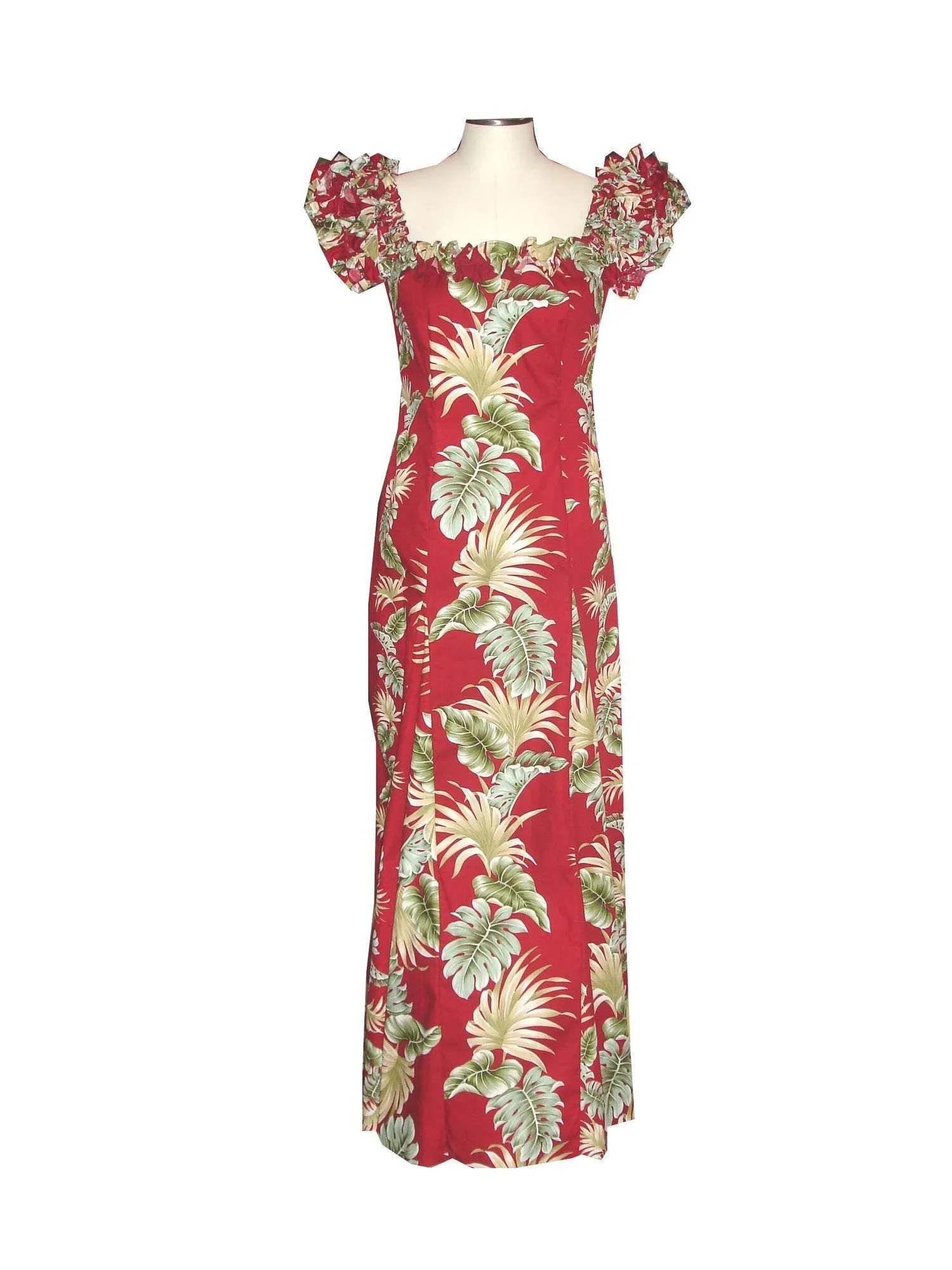 Ruffle Long Muumuu Dress Leaf Pattern Elegant Hawaiian Wedding Style