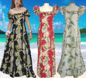 Ruffle Long Muumuu Dress Leaf Pattern Elegant Hawaiian Wedding Style