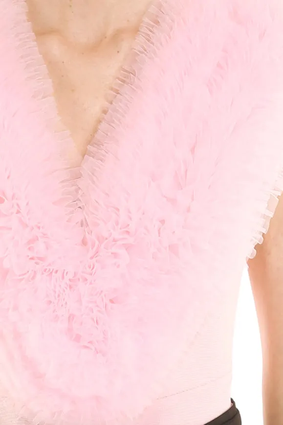 Ruffled Tulle Detail Sleeveless V-Neck Bodysuit
