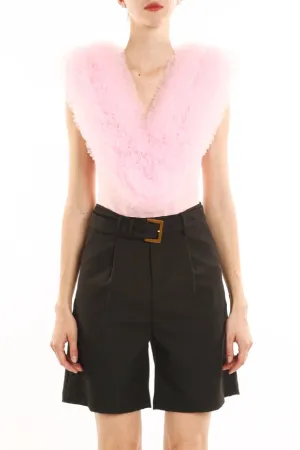 Ruffled Tulle Detail Sleeveless V-Neck Bodysuit
