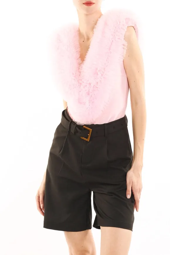 Ruffled Tulle Detail Sleeveless V-Neck Bodysuit