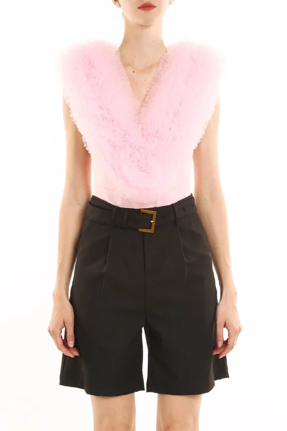 Ruffled Tulle Detail Sleeveless V-Neck Bodysuit