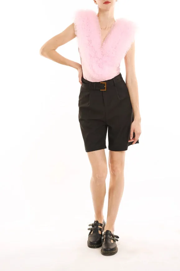 Ruffled Tulle Detail Sleeveless V-Neck Bodysuit