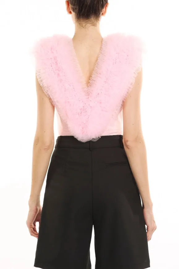 Ruffled Tulle Detail Sleeveless V-Neck Bodysuit