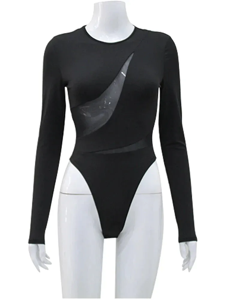 See Through Mesh Patchwork Long Sleeve Bodysuit