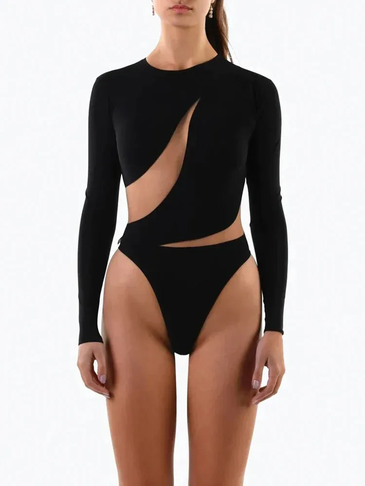 See Through Mesh Patchwork Long Sleeve Bodysuit