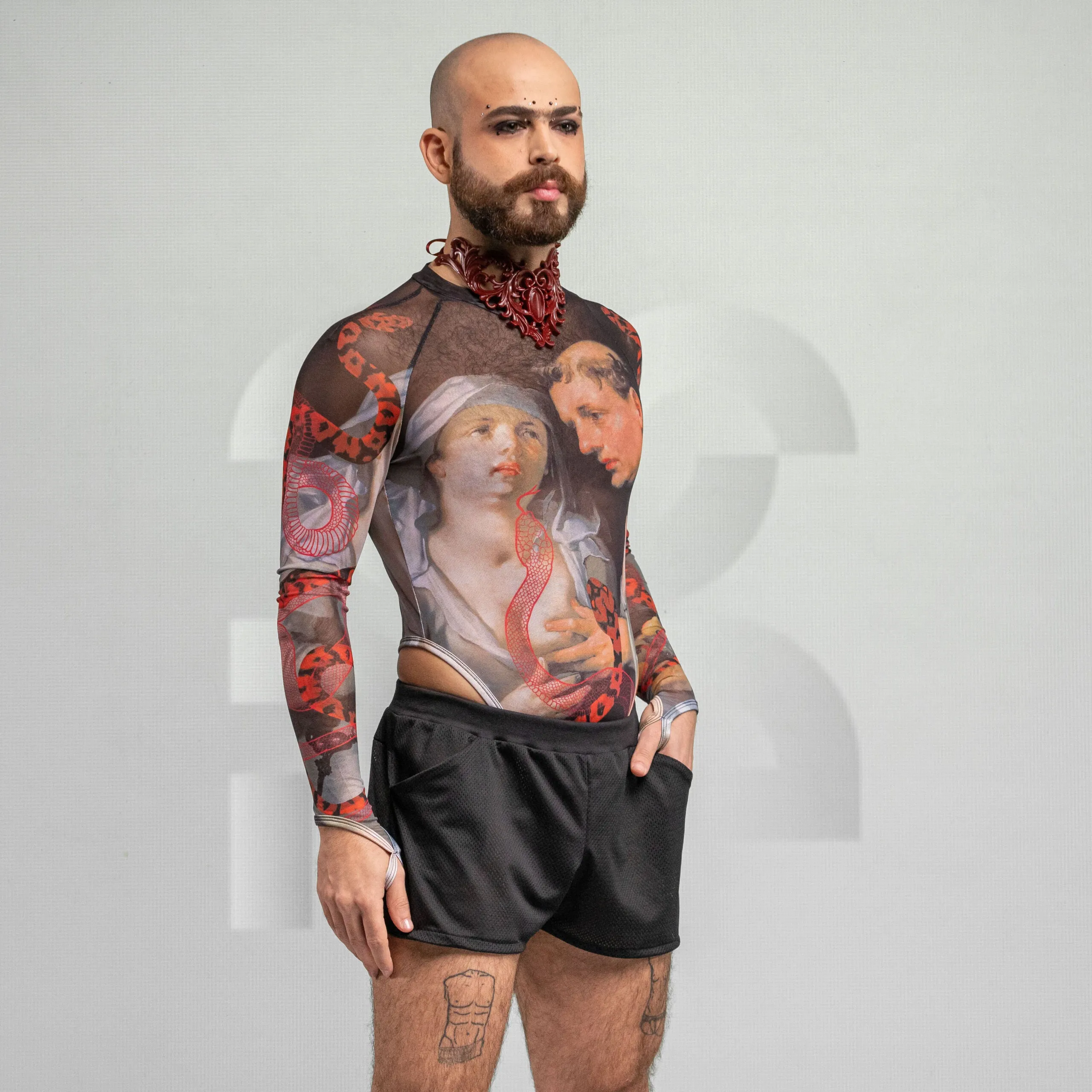 Serpent Print Longsleeve Thong Bodysuit