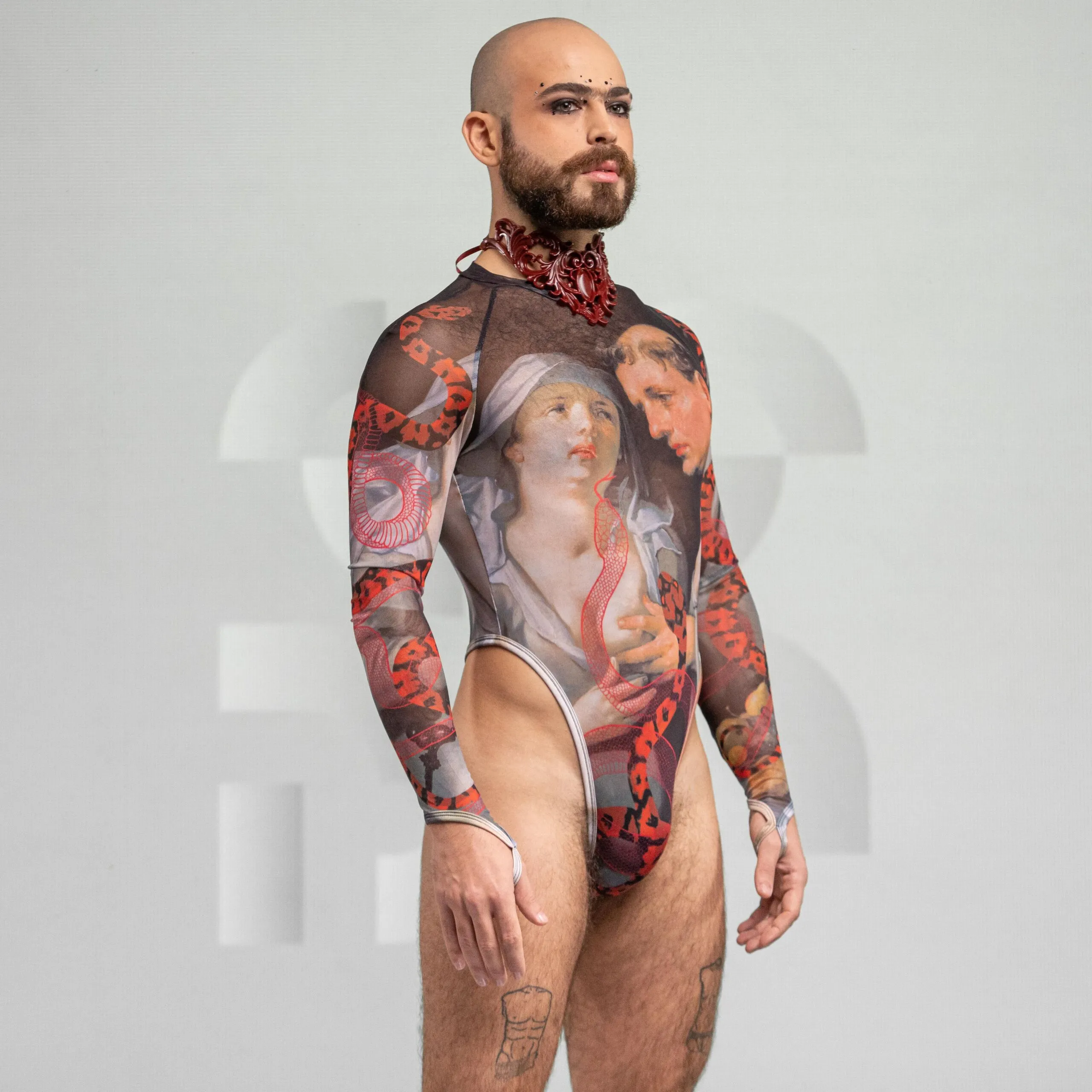 Serpent Print Longsleeve Thong Bodysuit