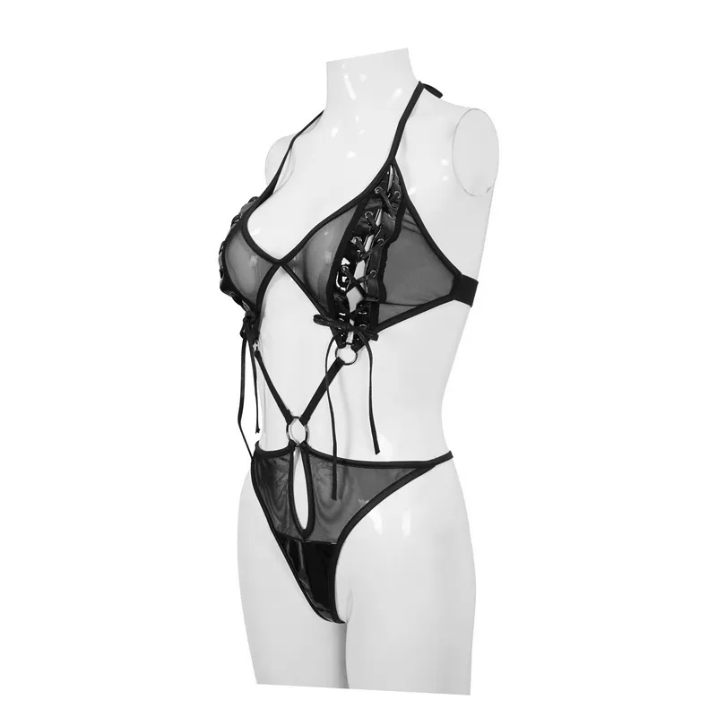 Sexy Gothic Semi-Transparent Bodysuit With Lace-up / Erotic Black Bodysuit for Women