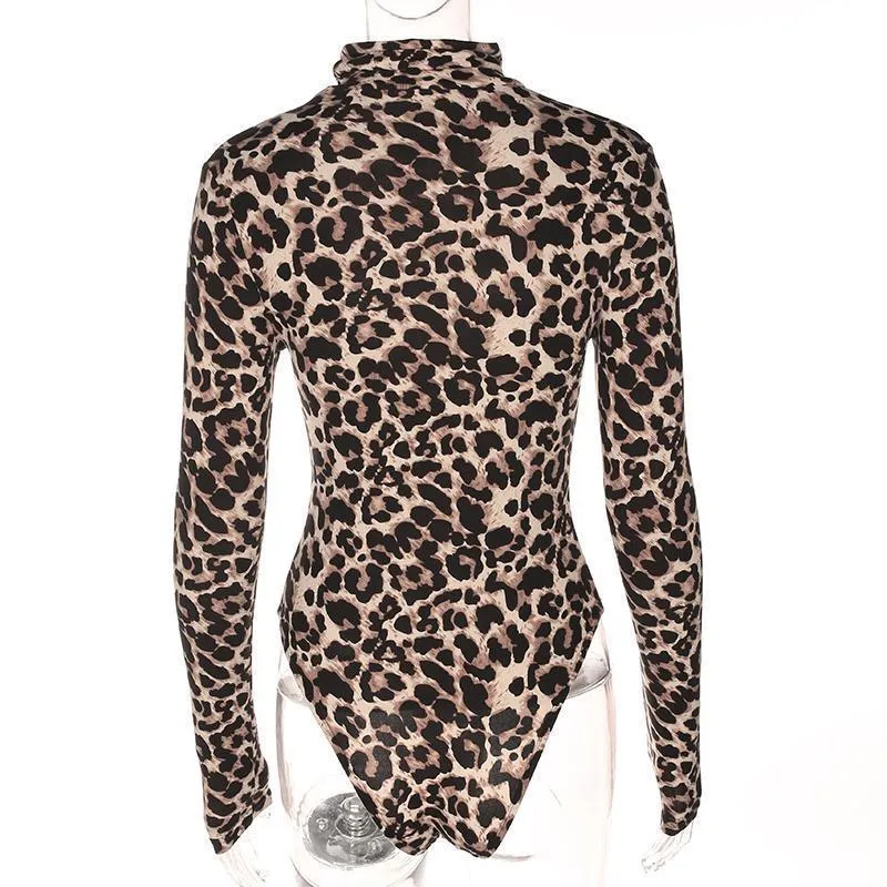 Sexy Leopard Bodysuit Women Bodycon Turtleneck Bodysuit Long Sleeves Short Jumpsuits Romper One Piece Female Playsuit (US 2-6)