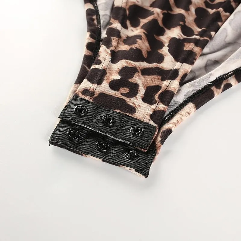 Sexy Leopard Bodysuit Women Bodycon Turtleneck Bodysuit Long Sleeves Short Jumpsuits Romper One Piece Female Playsuit (US 2-6)