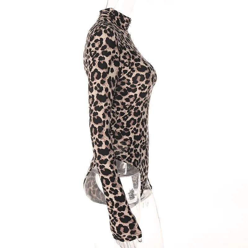 Sexy Leopard Bodysuit Women Bodycon Turtleneck Bodysuit Long Sleeves Short Jumpsuits Romper One Piece Female Playsuit (US 2-6)