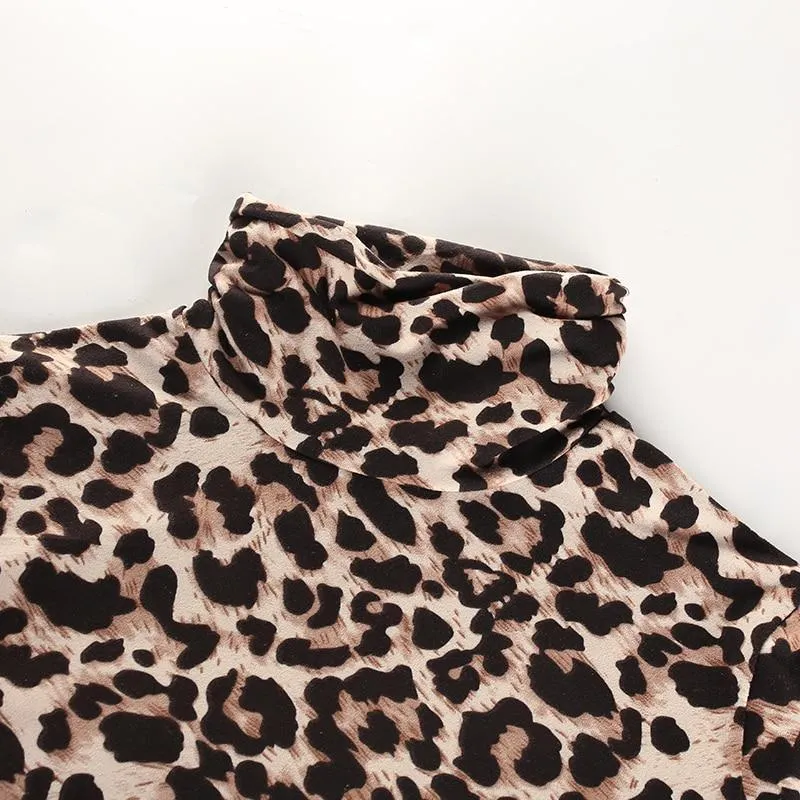 Sexy Leopard Bodysuit Women Bodycon Turtleneck Bodysuit Long Sleeves Short Jumpsuits Romper One Piece Female Playsuit (US 2-6)