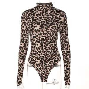 Sexy Leopard Bodysuit Women Bodycon Turtleneck Bodysuit Long Sleeves Short Jumpsuits Romper One Piece Female Playsuit (US 2-6)