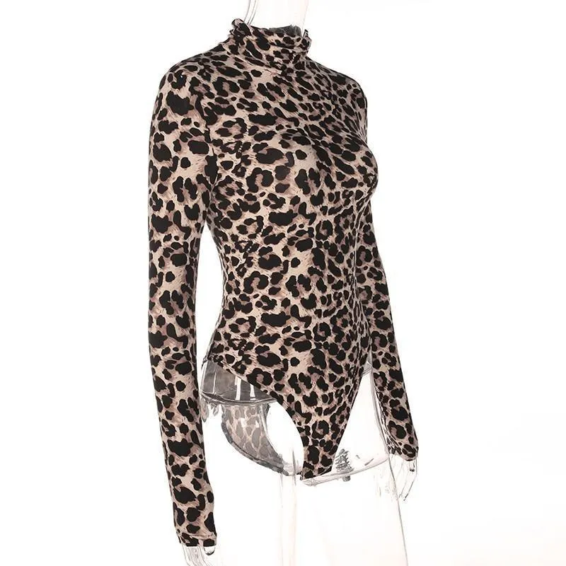 Sexy Leopard Bodysuit Women Bodycon Turtleneck Bodysuit Long Sleeves Short Jumpsuits Romper One Piece Female Playsuit (US 2-6)