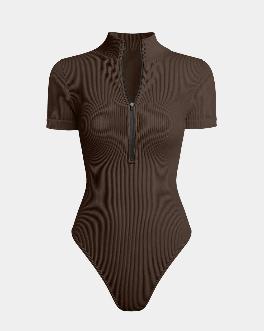 Sexy Ribbed Short Sleeve Zip Front Bodysuits