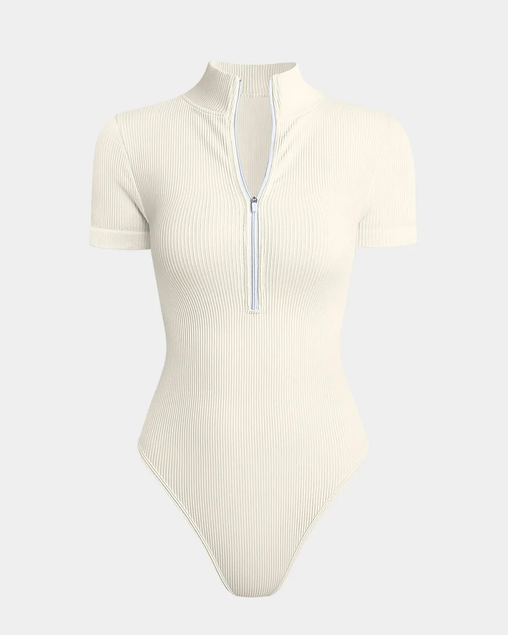 Sexy Ribbed Short Sleeve Zip Front Bodysuits