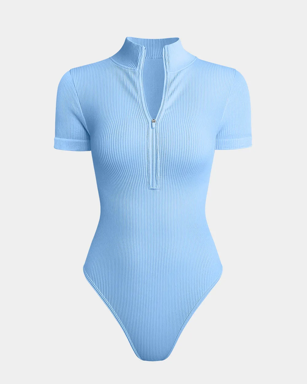 Sexy Ribbed Short Sleeve Zip Front Bodysuits