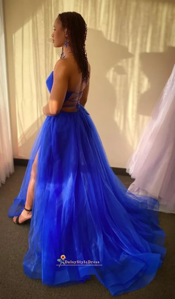 Sexy Slit Royal Blue Mesh Prom Dress