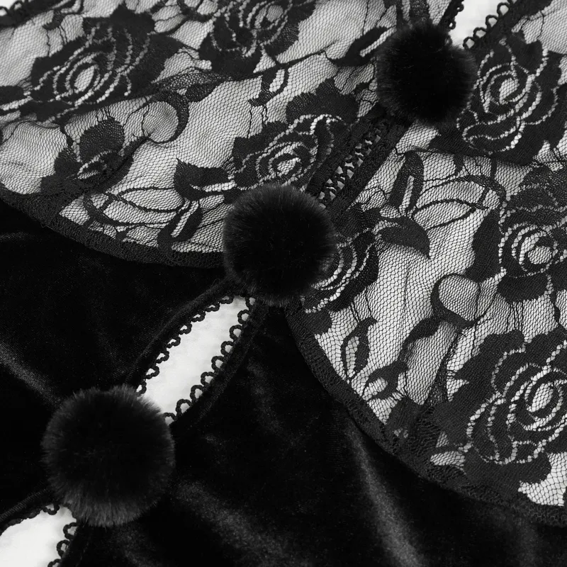 Sexy Women's Black Lace Bodysuit with Oversleeves / Gothic Halterneck Velvet Lingerie