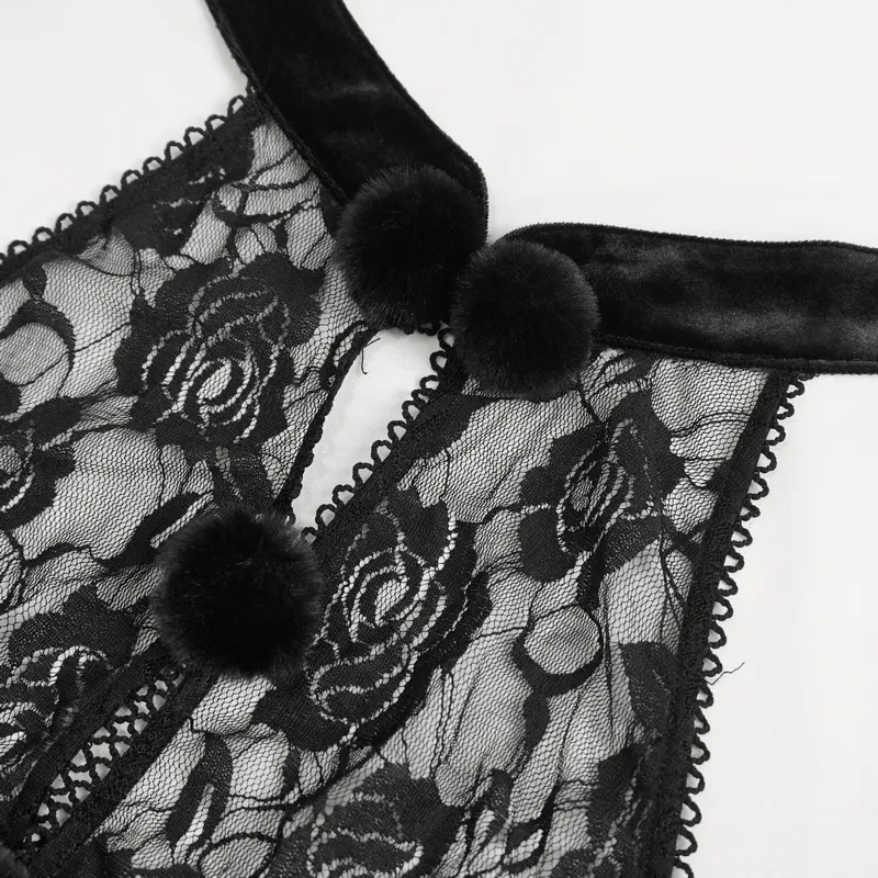 Sexy Women's Black Lace Bodysuit with Oversleeves / Gothic Halterneck Velvet Lingerie