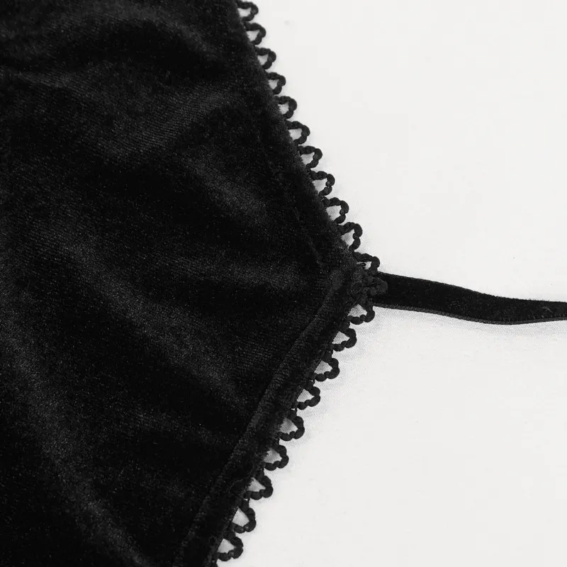 Sexy Women's Black Lace Bodysuit with Oversleeves / Gothic Halterneck Velvet Lingerie