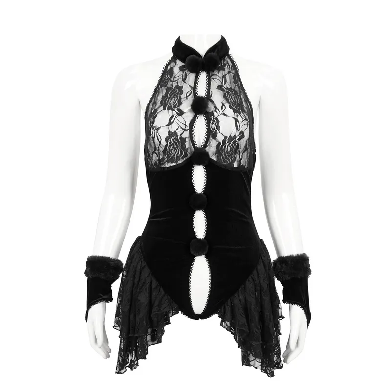 Sexy Women's Black Lace Bodysuit with Oversleeves / Gothic Halterneck Velvet Lingerie