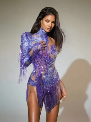 Shatora One Shoulder Rhinestone Fringe Bodysuit In Purple