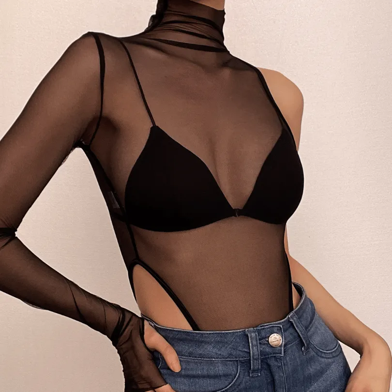 Sheer mesh see through one shoulder irregular gloves bodysuit
