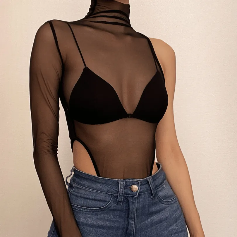 Sheer mesh see through one shoulder irregular gloves bodysuit